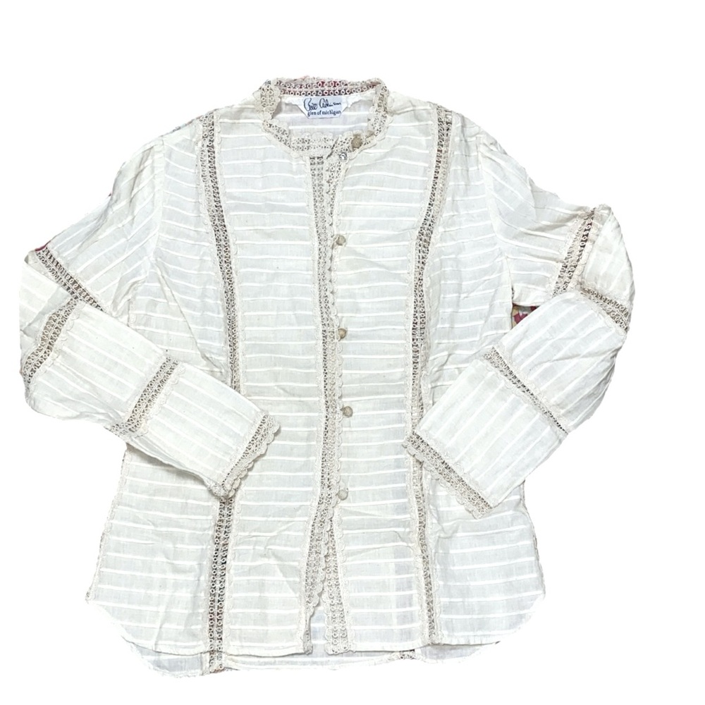 Bill Atkinson Vintage Corset Pin Tuck Linen Blend Eyelet Button Down Size small